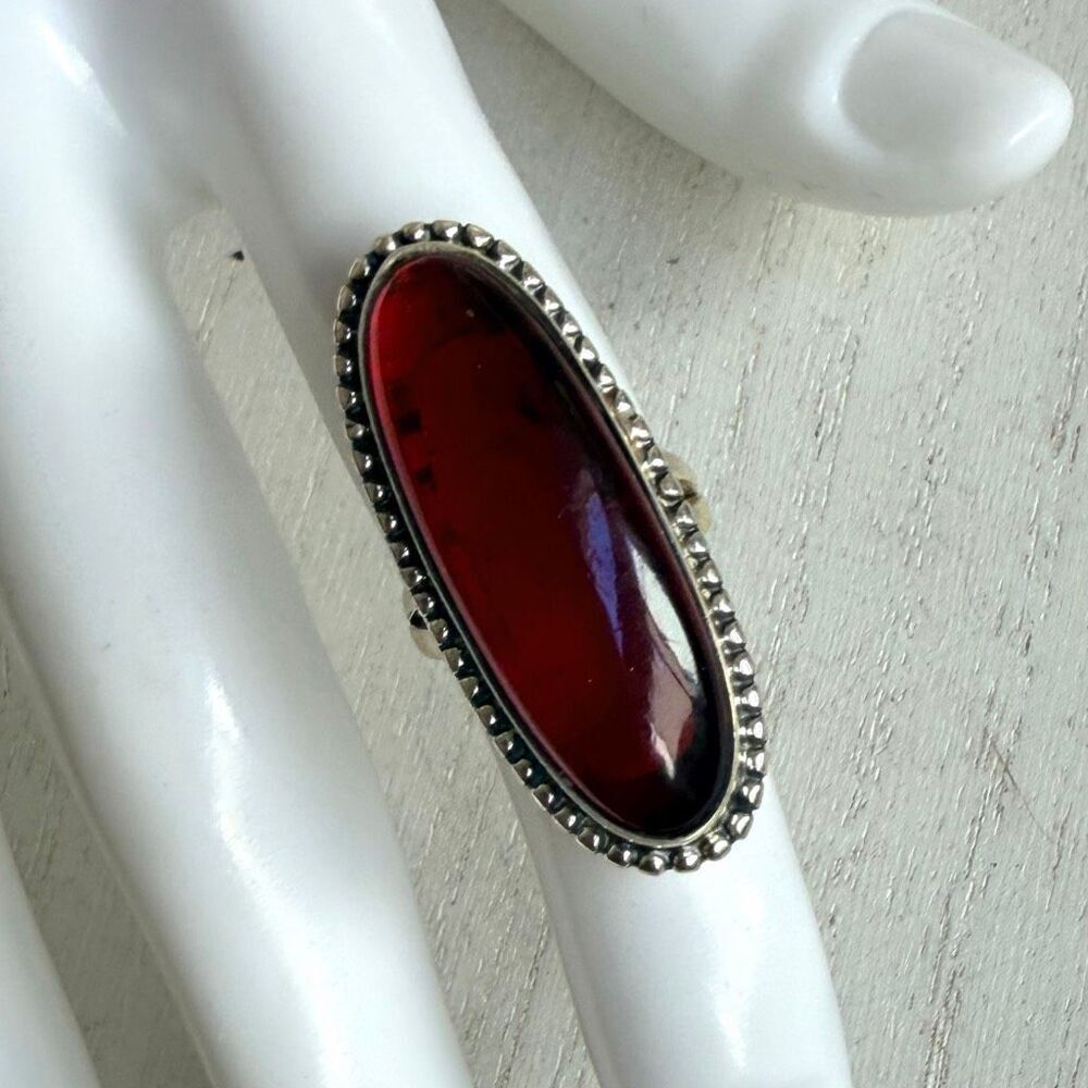 Sterling Silver Long Oval Red Cabochon Statement Ring